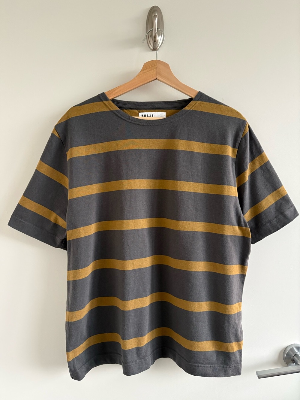 MHL Margaret Howell Martelot Wide Stripe T-shirt Charcoal/ochre Size M